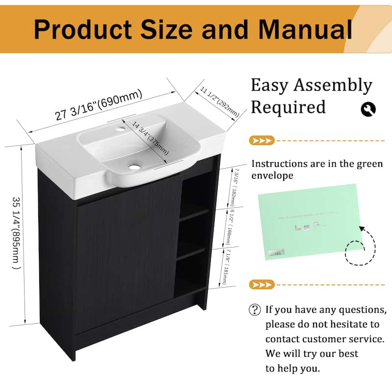Malwee 28" FreeStanding Bathroom Vanity with Sink, Small Floor Stand Bathroom Vanity with Ceramic Sink and Soft Close Door
