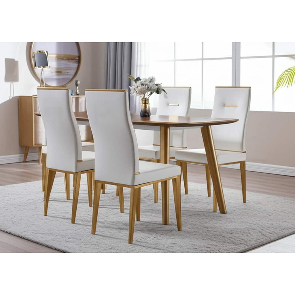 HomeRoots Set of Four White and Gold Upholstered Faux Leather Dining Side Chairs - 13.30 in. x 42.00 in. x 15.07 in.
