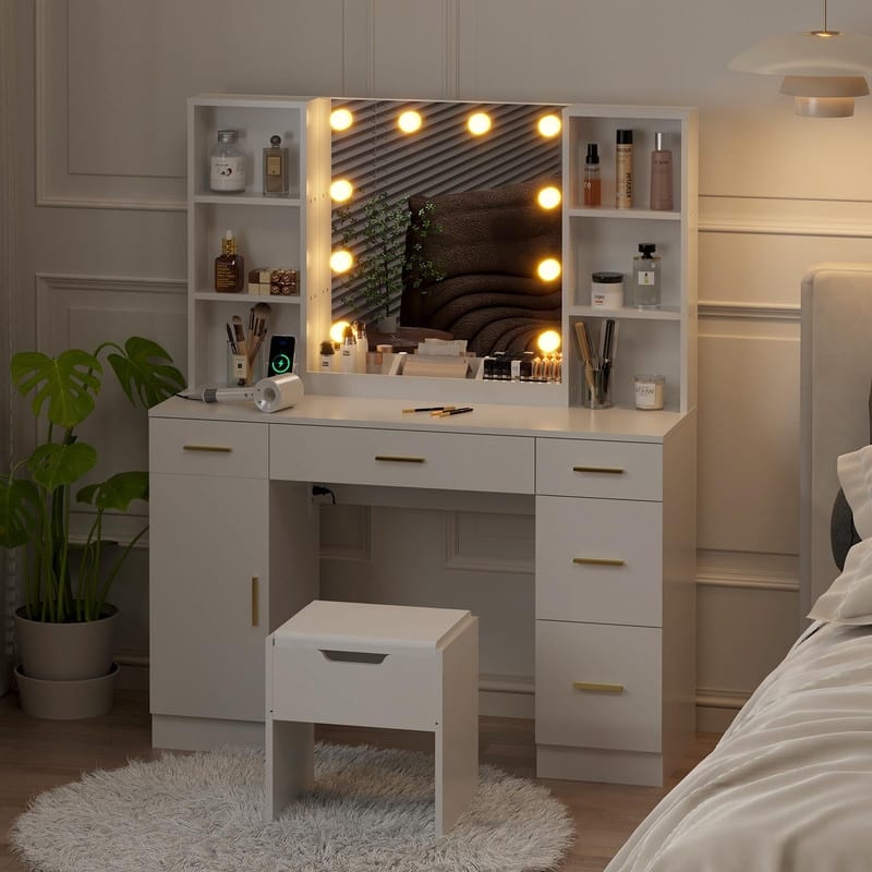 55.7" Dressing Table with LED Lights, Storage Shelves & Stool, Drawers