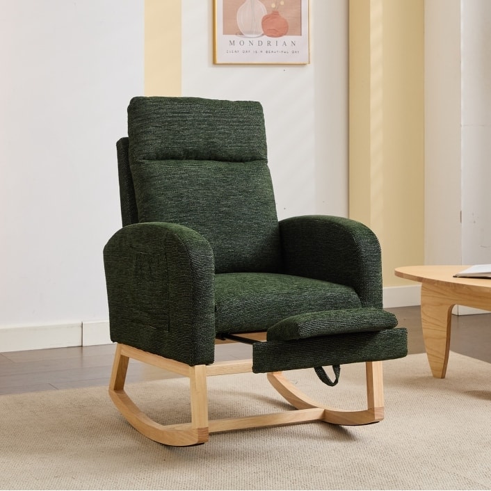 Accent Rocking Chair Rocking Chair with Solid Wood Legs, Upholstered Nursery Glider Rocker, Comfy Armchair with Side Pocket - Dark Green