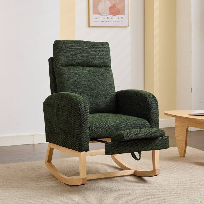 Rocking Chair with Wood Legs, Upholstered Nursery Glider Rocker, Comfy Armchair with Side Pocket, Living Room Lounge Arm Chair - Dark Green