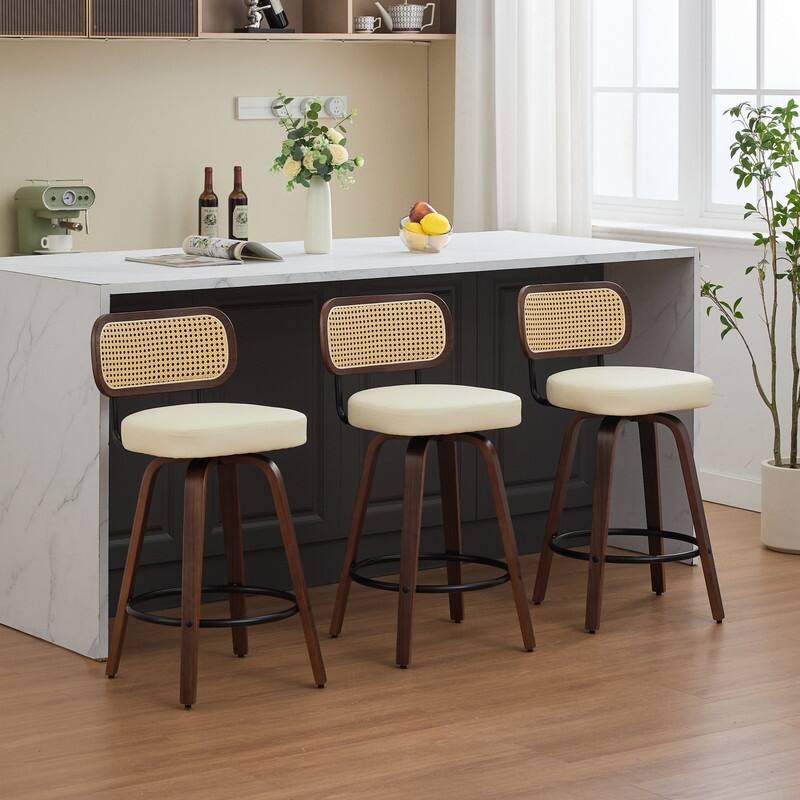 26" Swivel Rattan Bar Stools - Walnut Finish Counter Height Stools with Upholstered Seat