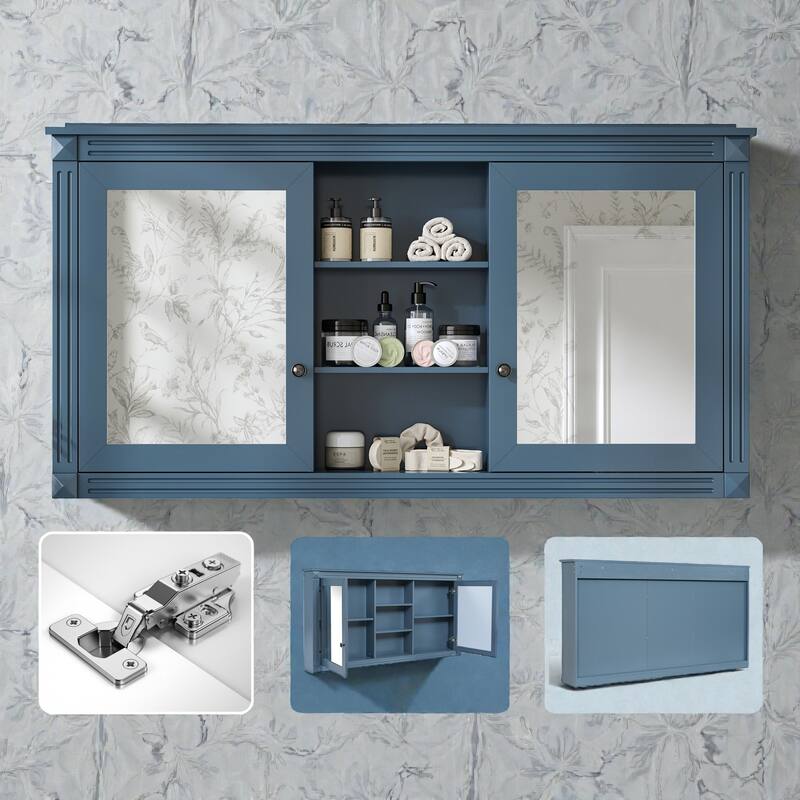 55 Inch Wall Mount Medicine Cabinet with Dual Mirrors, Adjustable Shelves and Soft Close Hinges