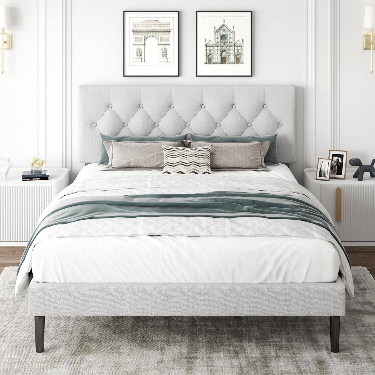 Queen Size Platform Bed with Upholstered Headboard, Button Tufted Design, Noise-Free, Easy Assembly