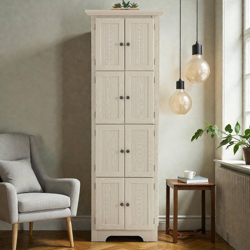 72 Inch Corner Kitchen Pantry Cabinet with 8 Doors, 4-Tier Tall Storage Cabinet for Living Room, Bathroom, Farmhouse Style - White