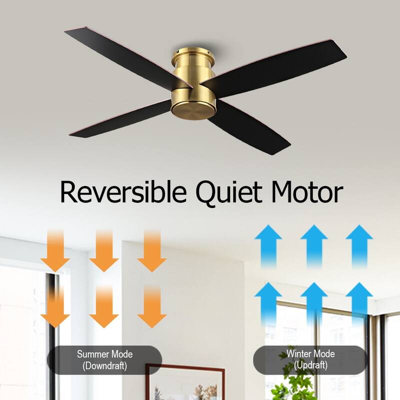 WINGBO 44" and 52" Flush Mount DC Ceiling Fan without Lights, 4 Reversible Blades