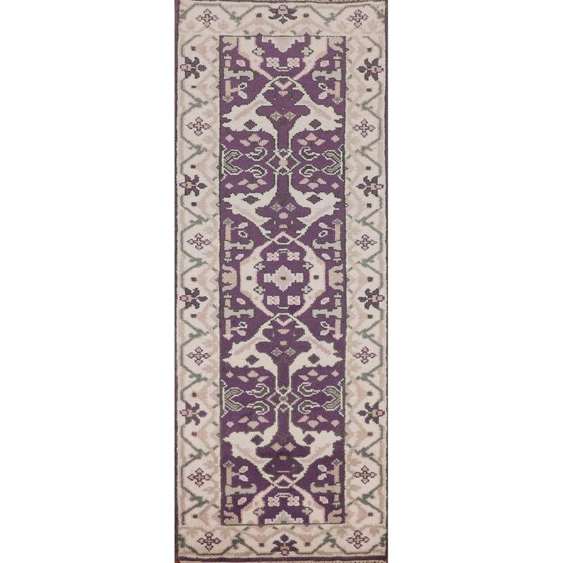 Purple & Ivory Oushak Indian Runner Rug Handmade Wool Carpet - 2'7"x 8'1"