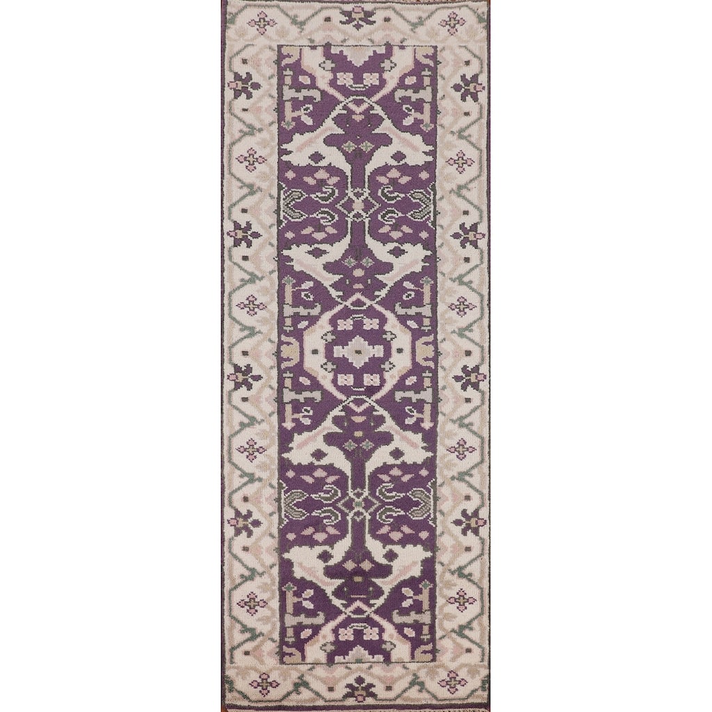 Purple & Ivory Oushak Indian Runner Rug Handmade Wool Carpet - 2'7"x 8'1"