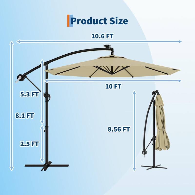 Coromose 10FT Solar Cantilever Patio Umbrella, 8 Ribs, 32 LED Lights