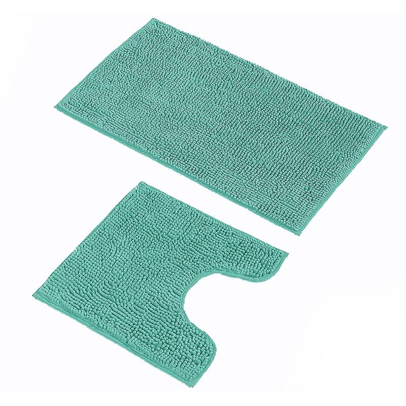2 Piece Set Blue Soft Cozy Plush Chenille Bath Mat Bathroom Rug