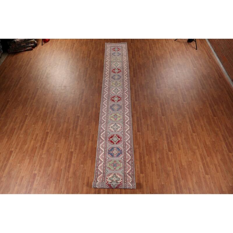 Grey Geometric Kazak Oriental Runner Rug Handmade Wool Carpet - 2'8" x 20'0"