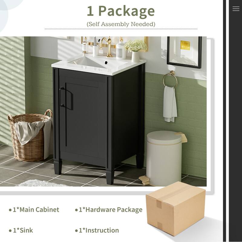 20" Bathroom Vanity with Ceramic Sink, Soft-Close Door, Adjustable U-Shaped Shelf, and Door-Mounted Storage Rack