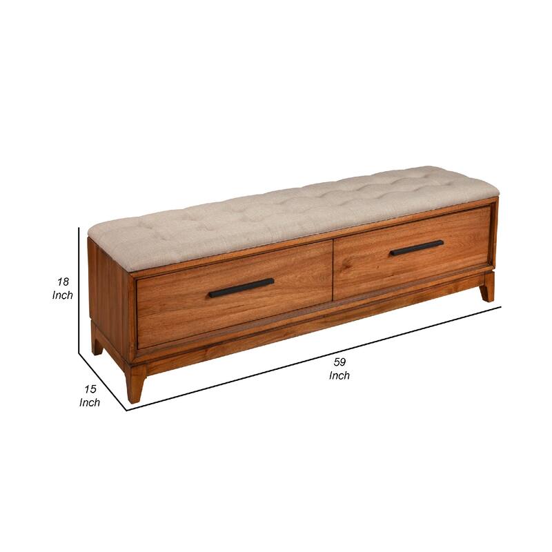 Bench with Fabric Padded Seat and 2 Drawers, Brown