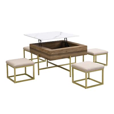 Square Lift-Top Coffee Table Set with Storage and 4 Ottomans