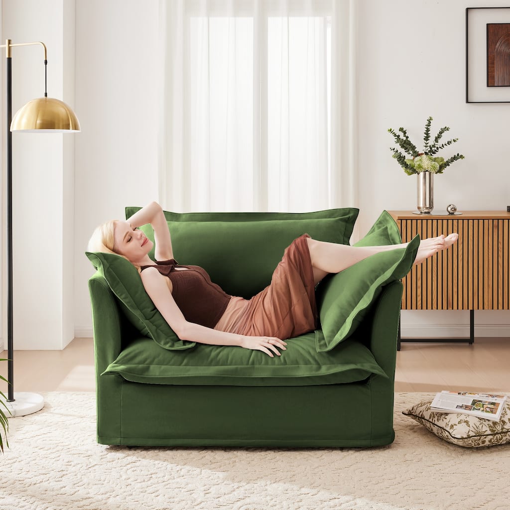 Comfy Single Sofa with Deep Seat, Removable Chenille Covers, and Multiple Soft Pillows, Green