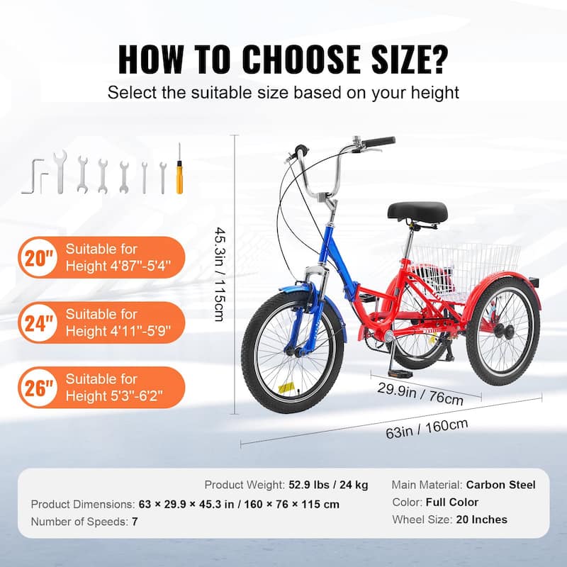 Folding Adult Tricycle 20" 7-Speed 3-Wheel Bike with Basket - 63 x 29.9 x 45.3 in