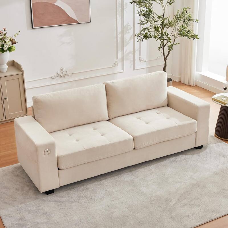 89" Versatile Contemporary Sectional Sofa In Chenille Fabric for Two with USB Charging Port and Side Storage Pocket, - Beige
