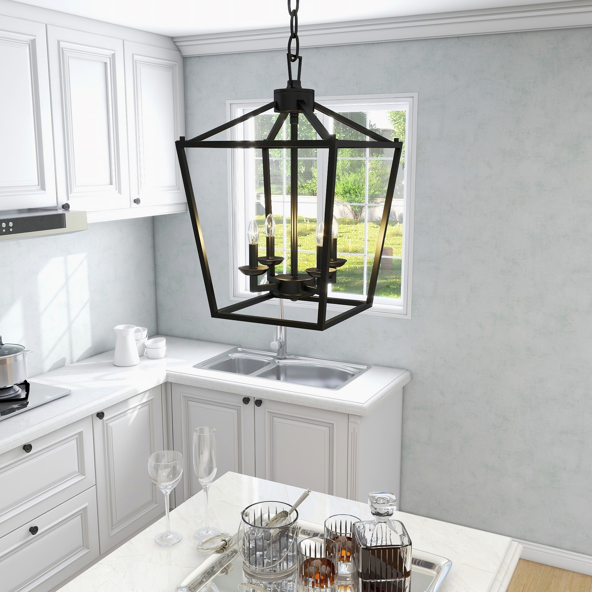 4 Light Matte Black Lantern Pendant 12 x12 x18