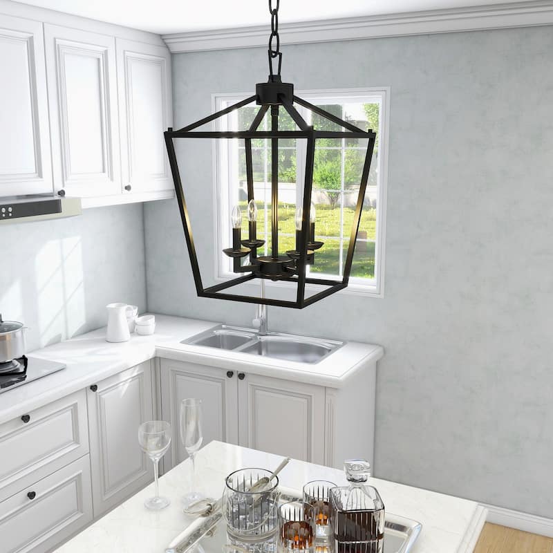 4 Light Matte Black Lantern Pendant - 12"x12"x18"