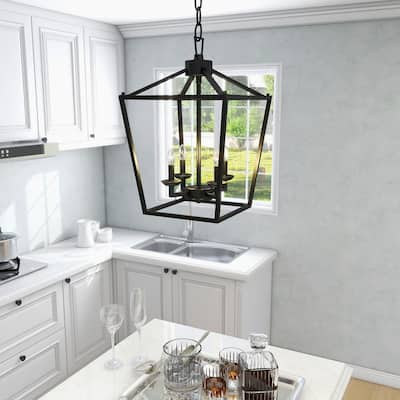 4 Light Matte Black Lantern Pendant - 12"x12"x18"