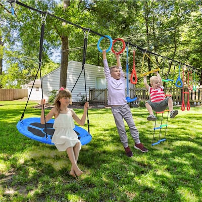 Hapfan 65ft Ninja Warrior Obstacle Course for Kids with Swing with 11 Obstacles for Backyard, Tree Slackline Jungle Gym Outdoor