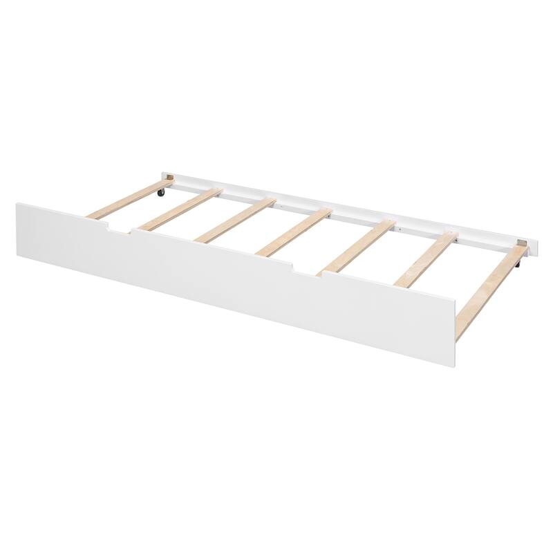 Full over Full Bunk Bed with Twin Trundle and Ladder, White Finish, Space-Saving Design