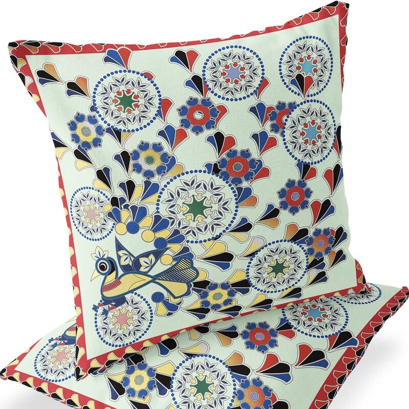 HomeRoots Set of Two 16" X 16" Green and Red Peacock Blown Seam Floral Indoor Outdoor Throw Pillow - 16.00' X '16.00' X '5.00