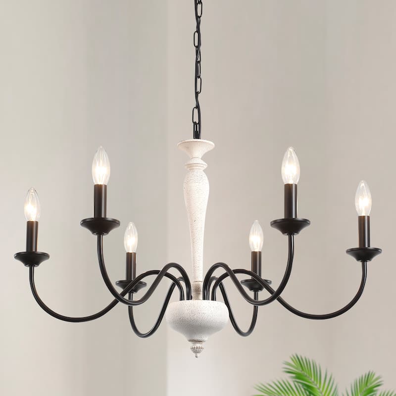 Modern Farmhouse 6-Light Candle Chandelier Light Fixture for Dining Room - W27.95"x H16.14" - N/A - Black+Retro white