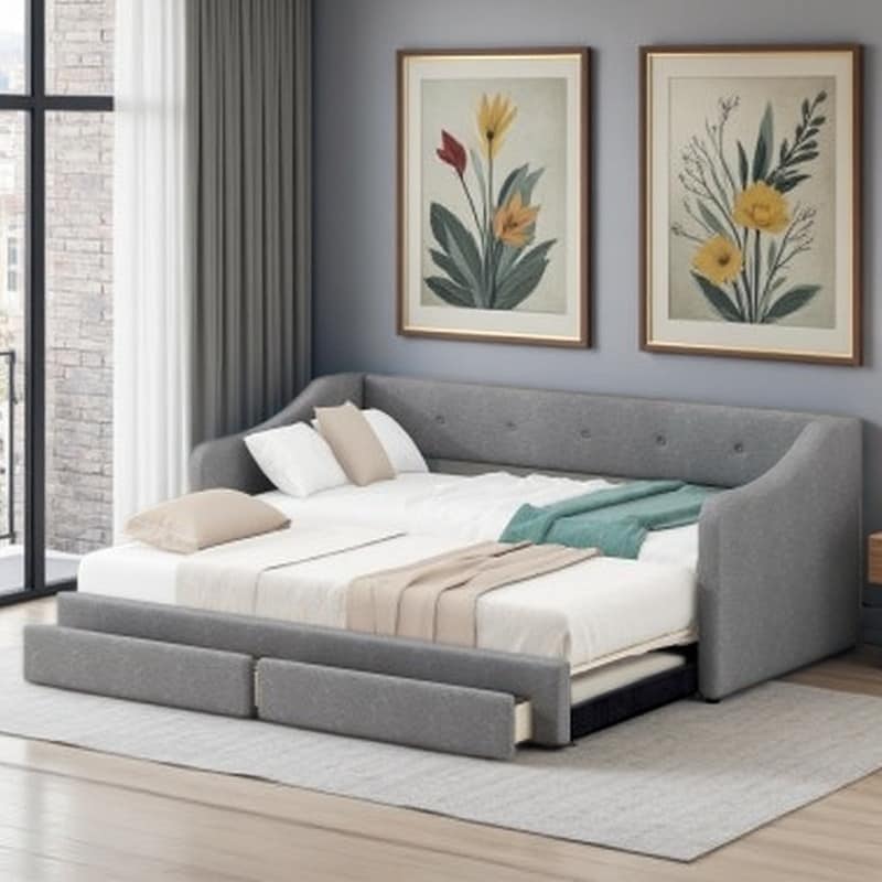 Twin XL to King Upholstered Daybed with 2 Storage Drawers, Expandable Design, No Box Spring Needed