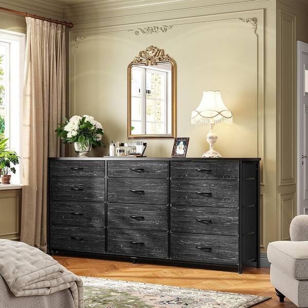 55 inch black dresser TV Stand Dresser for Bedroom with LED Light, Power Outlets,12 Drawers,  Console Table for 32/45/55/65 inch TVs,55 inch Entertainment Center,Black PU