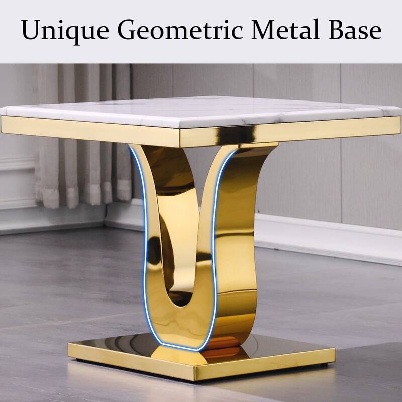 Modern End Table Square Living Room Side Table with White Top and Gold Mirrored Metal U Base