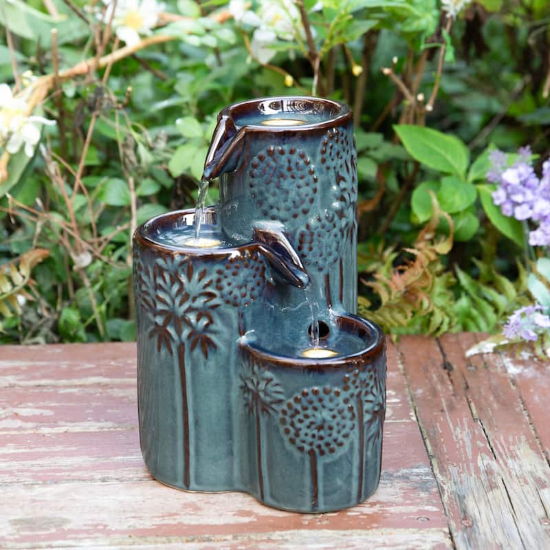 Glitzhome 10"H 3-Tier Turquoise Ceramic Tabletop Fountain with Pump and LED Light