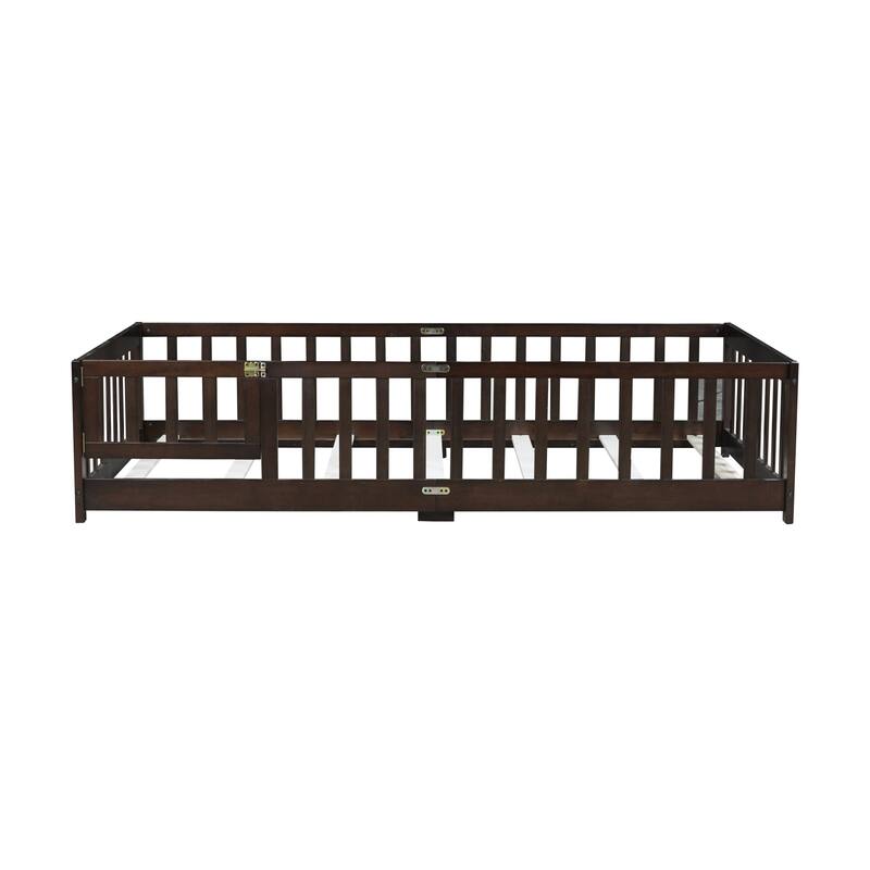 Roomfitters Twin/Full/Queen Rubber Wood Floor Bed with Fence and Swing Door, Safety Guardrails, Low Profile Design
