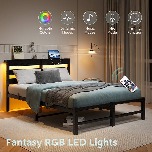 slide 2 of 10, Full Size Platform Bed Frame with USB Charging, LED Lights, Strong Steel Slats, No Box Spring Needed, Noise-Free, Black Black