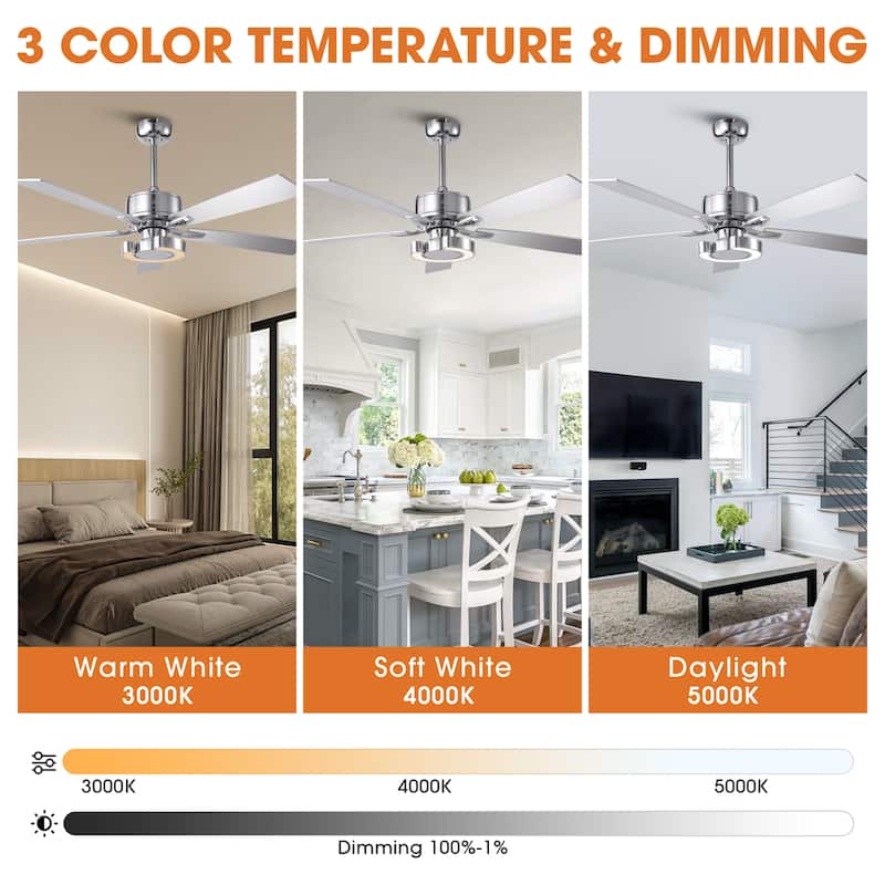 52" Chrome Modern Dimmable LED Indoor Ceiling Fan with Light and Remote