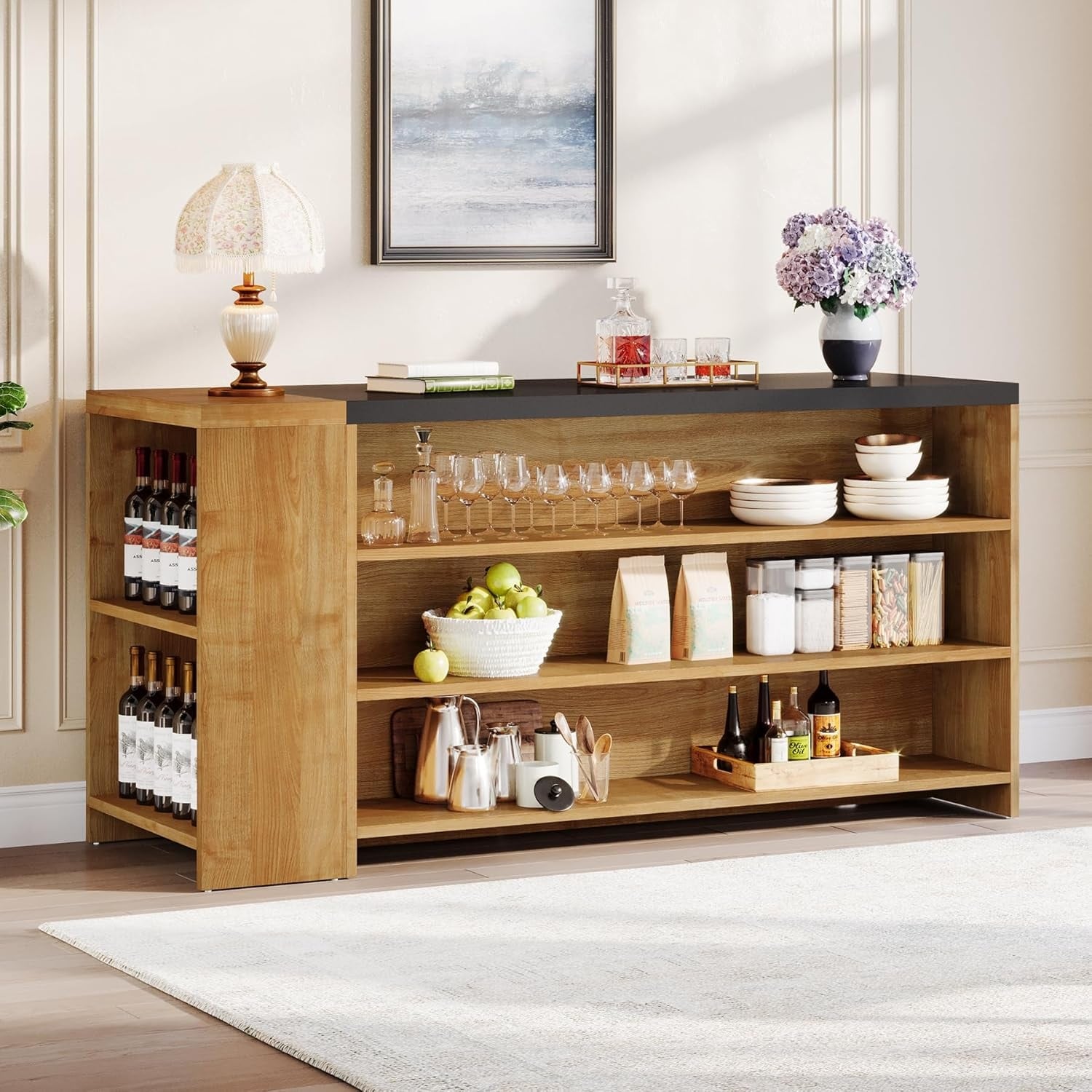 55 Inches Brown All-Wood Kitchen Island with Storage for Dining Room