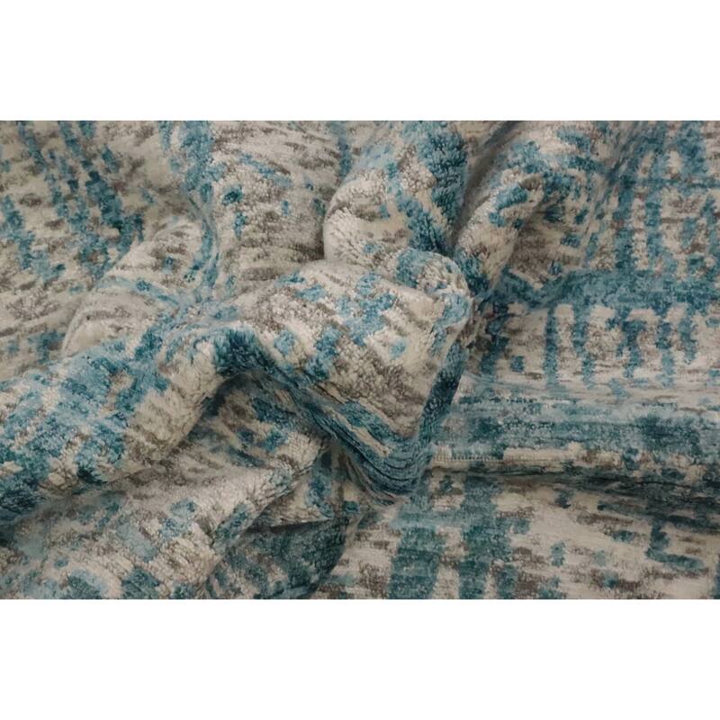 Hand Knotted Oriental Wool & Silk Carpet Modern Abstract Navy Blue & Blues Nepalese Area Rug - 10' 2'' X 6' 3''