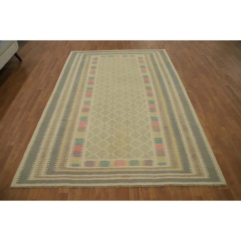 Hand Woven Oriental 100% Wool Carpet Southwestern Tribal Green Kilim Area Rug - 8' 9'' X 6' 1''
