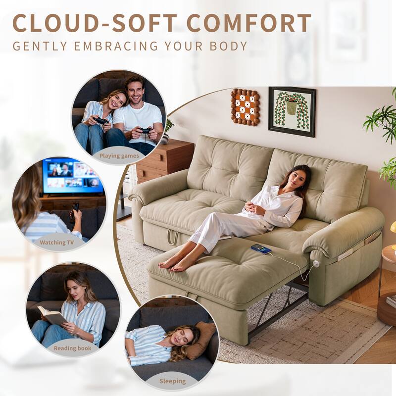 2-in-1 Velvet Pull Out Sleeper Sofa Bed Convertible Loveseat Couch for Sitting, Napping or Sleeping with Side Pockets and USB
