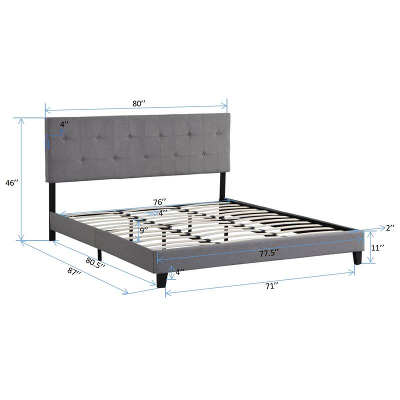 King Size Upholstered Platform Bed Frame with Button Tufted Linen Fabric Headboard, Wood Slat
