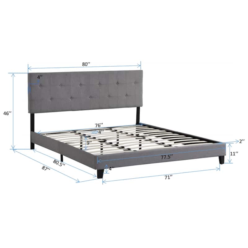 King Size Upholstered Platform Bed with Button Tufted Linen Fabric Headboard
