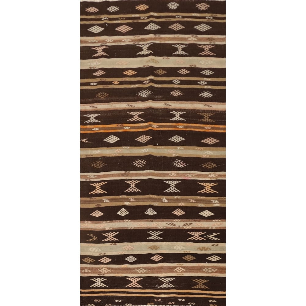 Hand Woven Oriental 100% Wool Carpet Southwestern Tribal Brown Kilim Runner Rug - 7' 7'' X 3' 3''