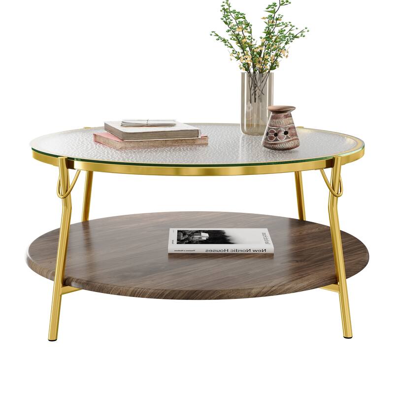 29.9" Round Coffee Table, Luxurious Center Table for Living Room, 2-Tier Storage Table with Glass Top and Gold Base