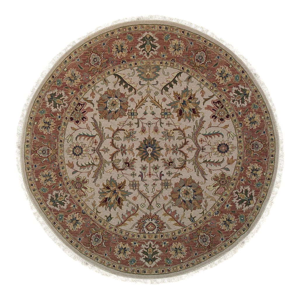 Ivory Hand Knotted Wool Classic Indo Soumak Rug, 8' Round, plush elegant accent rug - L