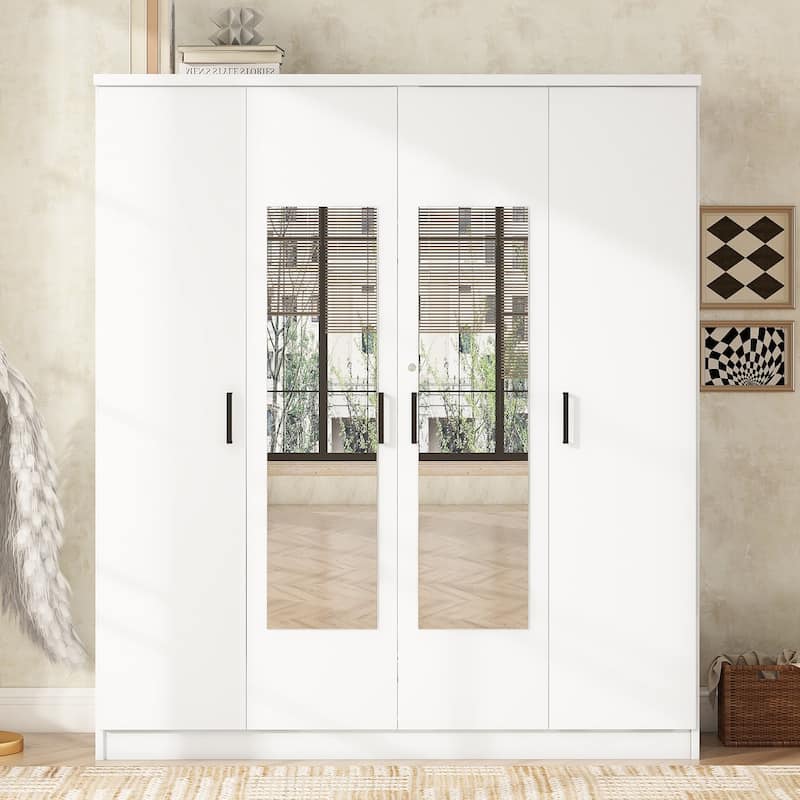 4-Door Mirror Wardrobe with shelves - White
