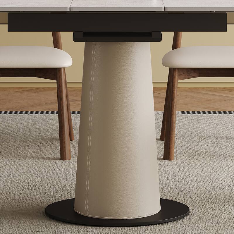 Retractable Rock Slab Dining Table Set, Modern 5-Piece Expandable Table with 4 Wooden Leg Chairs & Leather-Wrapped Base