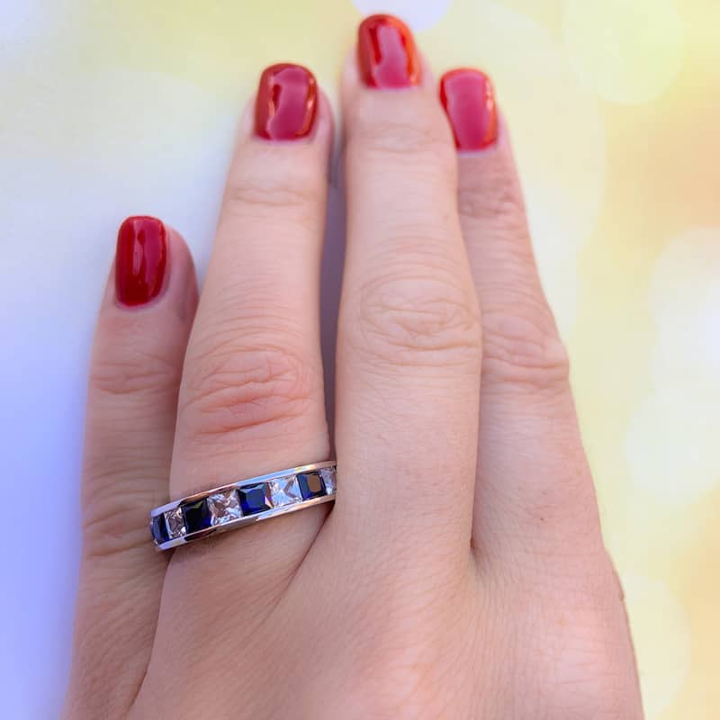 Miadora Sterling Silver 2 1/3ct TGW Square-cut Created Blue and White Sapphire Stackable Anniversary