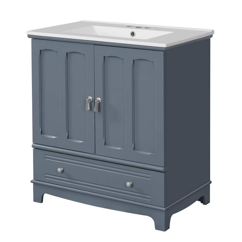 30" Wooden Bathroom Ceramic Sink Cabinet with Shelf, Drawer with Divider