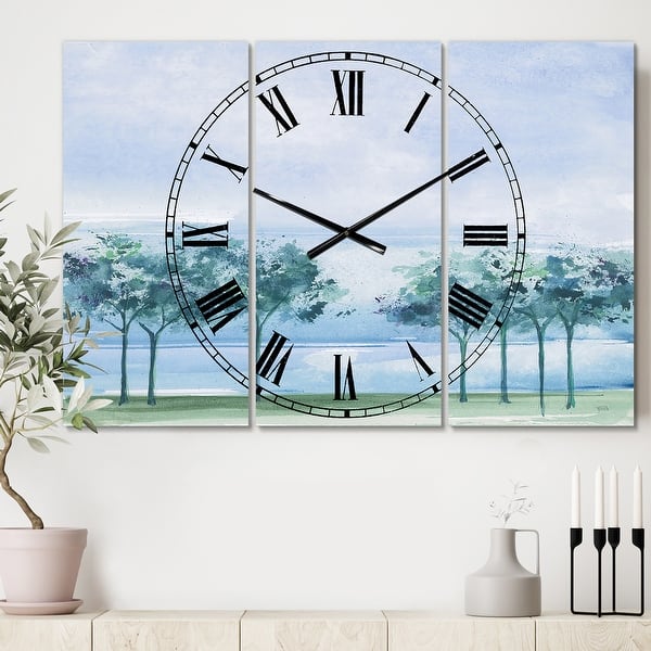 slide 2 of 6, Designart 'Tree Across the Lake' Cottage 3 Panels Large Wall CLock - 36 in. wide x 28 in. high - 3 panels