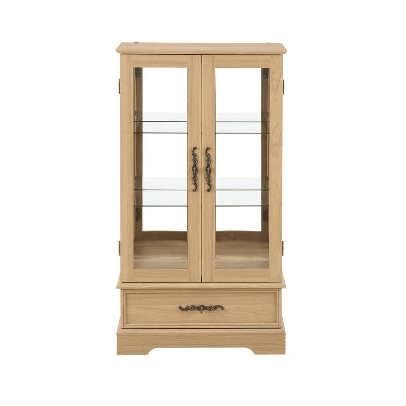 Lighted Glass Display Curio Cabinet with Door, 3 Shelves, Bulb, Drawer